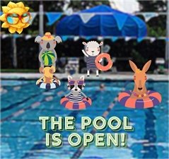 The Pool is open - picture of a pool and animals in bathing suits enjoying the day